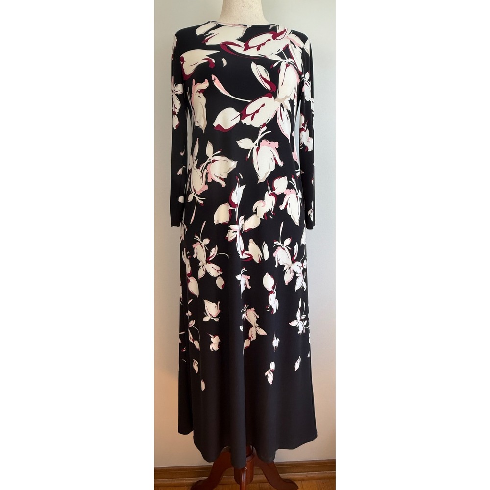 Chico's Maxi Dress Womens 1 M Black Floral Long Sleeve‎ Stretch Jersey Knit NWT